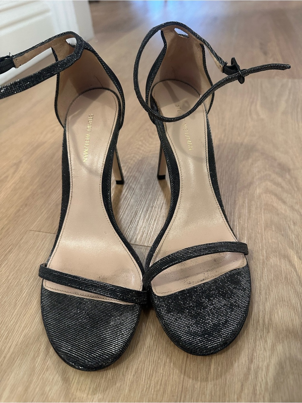 Stuart Weitzman Black Sparkle Ankle-Strap Stiletto Sandals